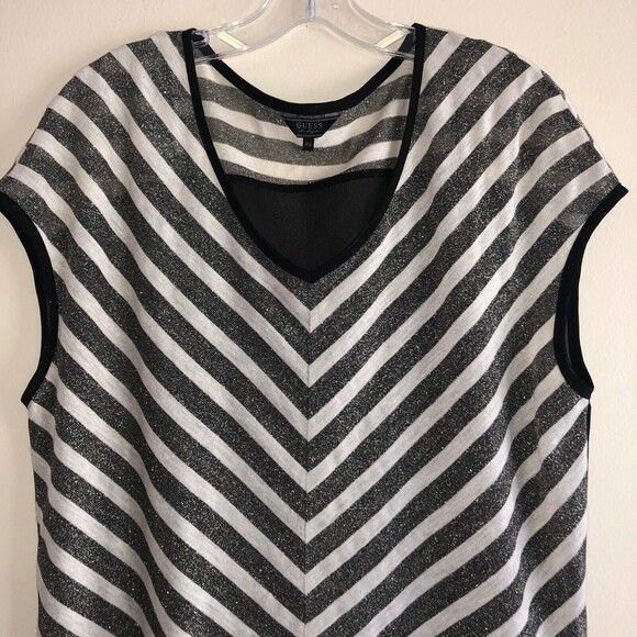 GUESS Sheer Oversized Top V Neck Chevron Stripes Black Dark Gray Gold Knitted XS - Picture 3 of 7